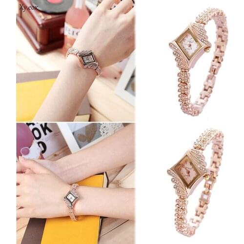 Womens Crystal Rhombus Dial Feather Leaves Band Quartz Bracelet Wrist Watch