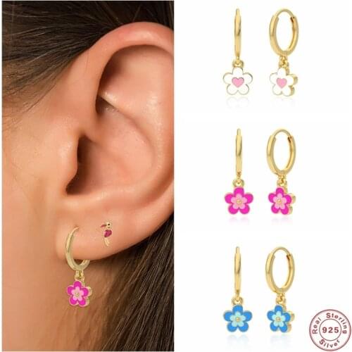 Aide 925 Sterling Silver Cute Colored Enamel Flower Pendant Drop Earrings For Women Trendy Drip Oil Heart Charm Drop Earrings
