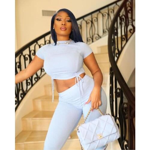 Fashion trend casual womens solid color casual round neck new high elastic pit strip trousers short sleeve suit