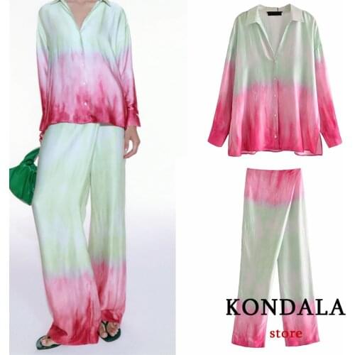 KONDALA Za 2021 High Street Women Suits Tie Dye Oversized Long V Neck Shirts and High Waist Loose Wide Leg Pants Holiday Sets