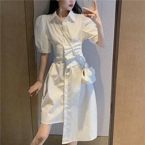 2021 summer short-sleeved irregular shirt dress women summer new lapel white French style irregular dress