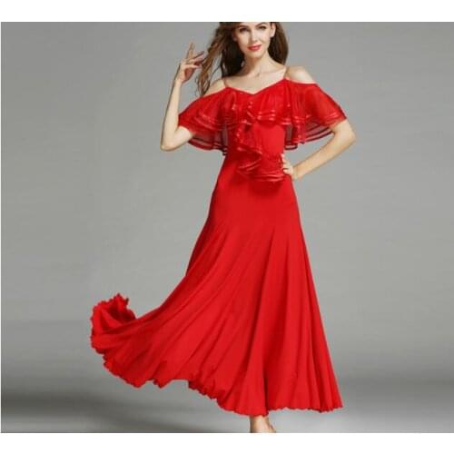 New Standard Ballroom Dance Dress Women Long Sleeve Waltz/Tango Dance Dress Black green red Performance/Practice ruffle ,Y758