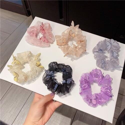1PC Transparent Butterfly Tulle Elastic Hair Bands Women Sweet Mesh Embroidery Hairpin Hair Tie Rope Hair Accessories Hair Clips