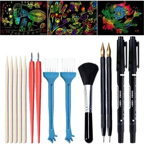 14PCS Scratch Tool Set with Bamboo Sticks Scraper Repair Scratch Pen Black Brush for Kids Children Scratch Painting Gift
