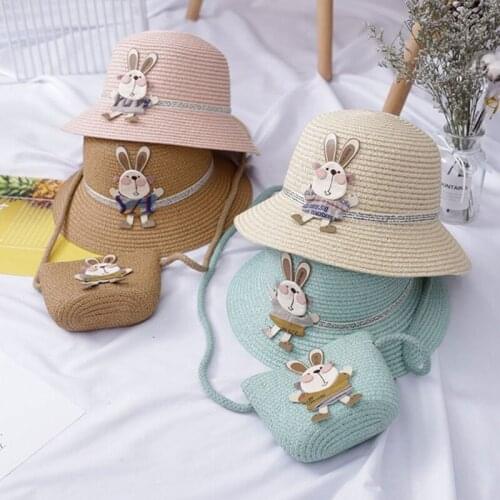 2021 Baby Summer Straw Hat Girl Kids Holiday Beach Bucket Hats Children Bunny Cap Sun Hat Shoulder Handbag Bag Props Gift 69HE