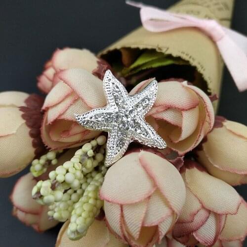 100pcs/ 21mm Wedding Party Pins Small Size Silver Tone Starfish Sea Star Ocean Clear Rhinestone Crystal Pin Brooch Buckle