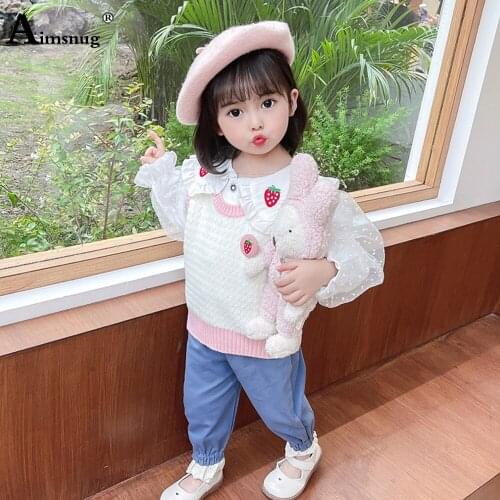 Children Three Pieces Set Kids Knitted Sweater and Demin Pants with Shirt Fashion 2021 Autumn Baby Girl Sweet Print 3PCS Outfits