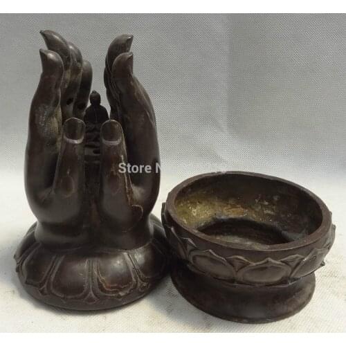 Bi00742 8" Tibet Bronze Sahakyamuni Buddha Hand Statue Box Lotus Incense Burner Censer