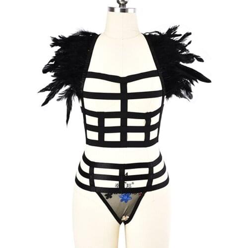 JLX.HARNESS Gothic Halloween Feather Body Harness Set Body Cage Belt Harness Bra &Transparent Mesh G-string Briefs Panties
