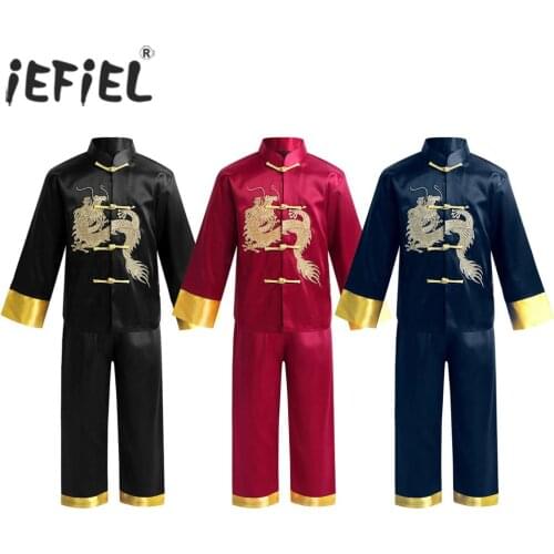 Children Traditional Chinese Dragon Kung Fu Uniform Outfit Kids Boys Tang Suit Satin Tops with Pants Shaolin Wing Chun Costumes