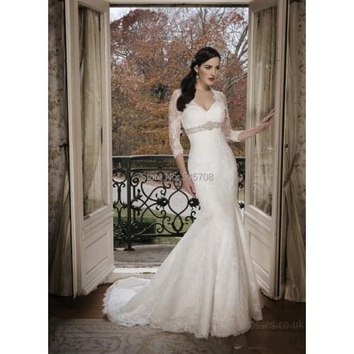 Generous Lace Special Long Wedding Dress Deep V Neck Half Sleeves Sweep Train Mermaid Bridal Gown