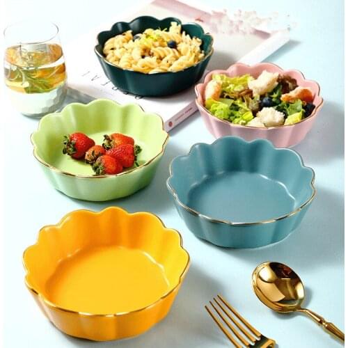 Nordic style ceramic flower-shaped fruit salad bowl flower-shaped snack dessert bowl non-slip microwave oven baking bowl