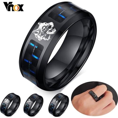 Vnox Mens 8mm Personalize Laser Engraved Wolf Dragon Bands Ring Black Stainless Steel with Carbon Fiber Custom Gifts Jewelry