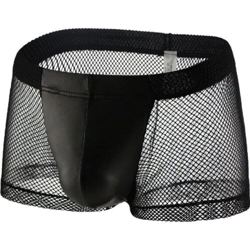 Sexy Gay Underwear Mens Boxers Transparent Mesh Panties Man Breathable Faux Leather Pouch Underpants Male Boxershorts Bikinis