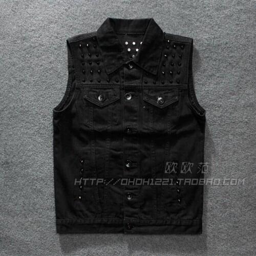Summer Pocket Spring Rivet Pure Black Motorcycle Club Mens Denim Vest Punk Young Man Moto Biker Sleeveless Jacket