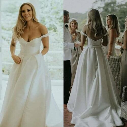 Cheap Boho Wedding Dress 2021 robe de mariage Off The Shoulder Wedding Gowns A Line Satin Open Back Bridal Dresses
