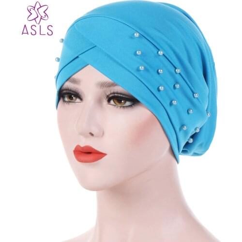 New Fashion Women Elastic Turban Hat Muslim Hijab Islamic Jersey Beads Cancer Chemo Cap Ladies Hijab Free Shipping