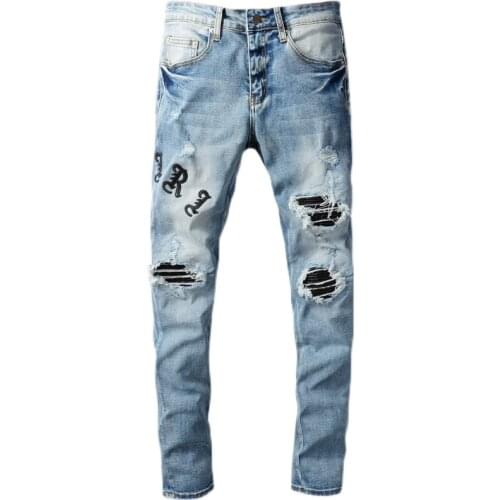 New High Street Fashion Tide Brand New Washed Light Color Patched Leather Ripped Jeans Mens Male Trendy Stretch Slim Pants 679