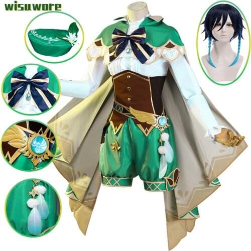 New Anime Cosplay Game Genshin Impact Venti Cosplay Costume Shirt Pants Outfits and Wig Halloween Carnival Suit for Women