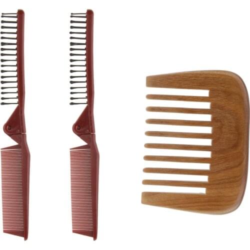2Pcs Plastic Pocket Travel Folding Hair Brush Comb + 1pc Green Sandalwood Wide Toothed Comb Anti Static for Men & Women