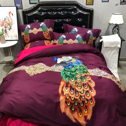 Peacock Luxury 100S Egyptian cotton digital printing Bedding sets Queen King Duvet cover Bed sheet set Pillowcases 4pcs