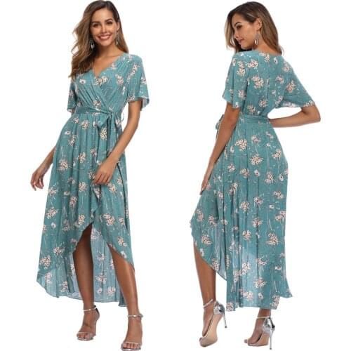 Witbuy Bohemian Print Woman Sundress Summer V Neck Asymmetrical Belt Ankle Lady Short Sleeve Dresses For Women Elegant 2021 New
