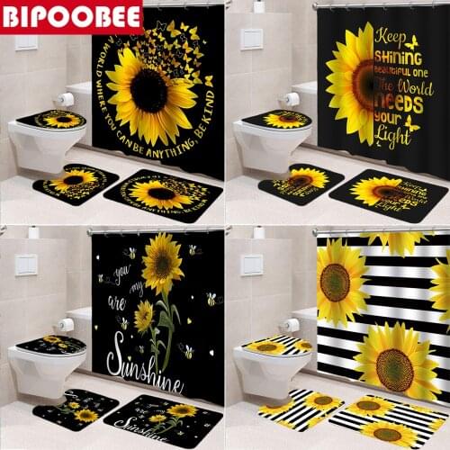 Sunflower Butterfly Print Shower Curtains Waterproof Black Bathroom Curtain Beautiful Flowers Toilet Cover Mat Non-Slip Rug Set