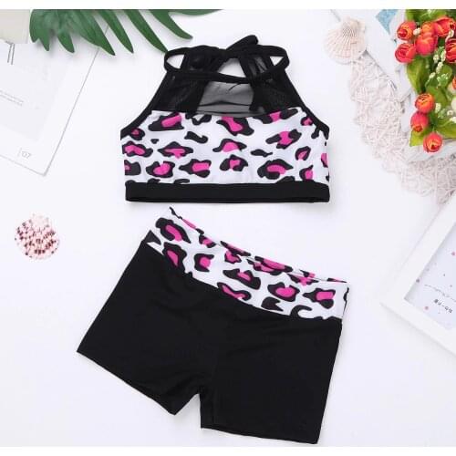 2Pcs Kids Girls Tankini Outfit Dancewear Leopard Sleeveless Mesh Splice Straps Tank Top with Bottoms Swimwear Workout Costumes