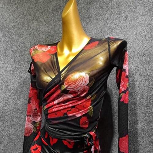 Print latin dance top pole dance costume women dance wear sexy waltz dance clothes ballroom dance clothing female dance shirt