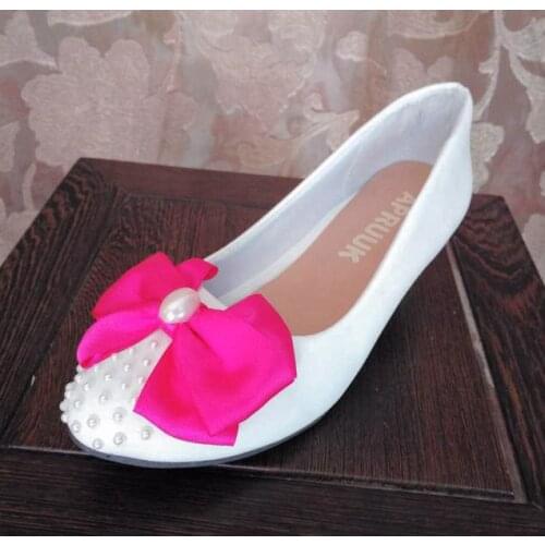Pink bow bowtie butterfly-knot party shoes woman sweet handmade bow pearls brides bridal rose pink white wedding pumps shoes