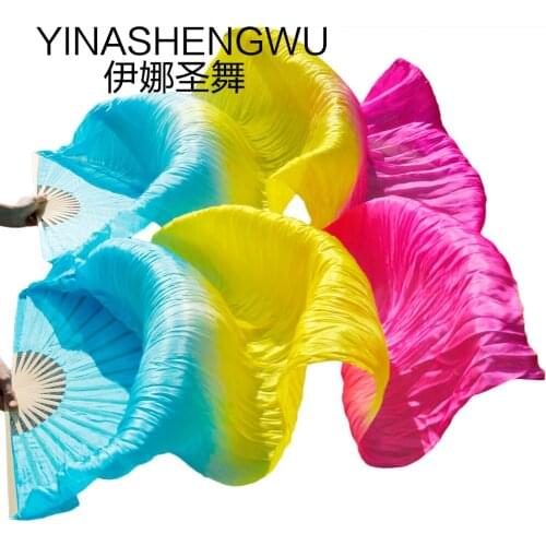New Arrivals Stage Performance Dance Fans 100% Silk Veils Colored Women Belly Dance Fan Veils (2pcs) turquoise+yellow+fuchsia