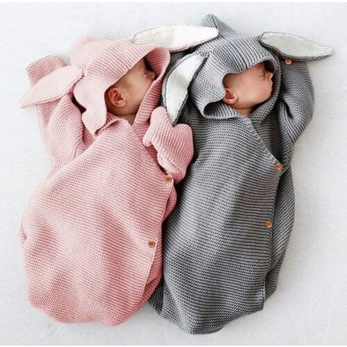 Newborn Rabbit Knitted Baby Stroller Wrap Sleeping Bags Winter Warm Blanket Knitting Swaddle Wrap Toddler Sleeping Bag with Hat