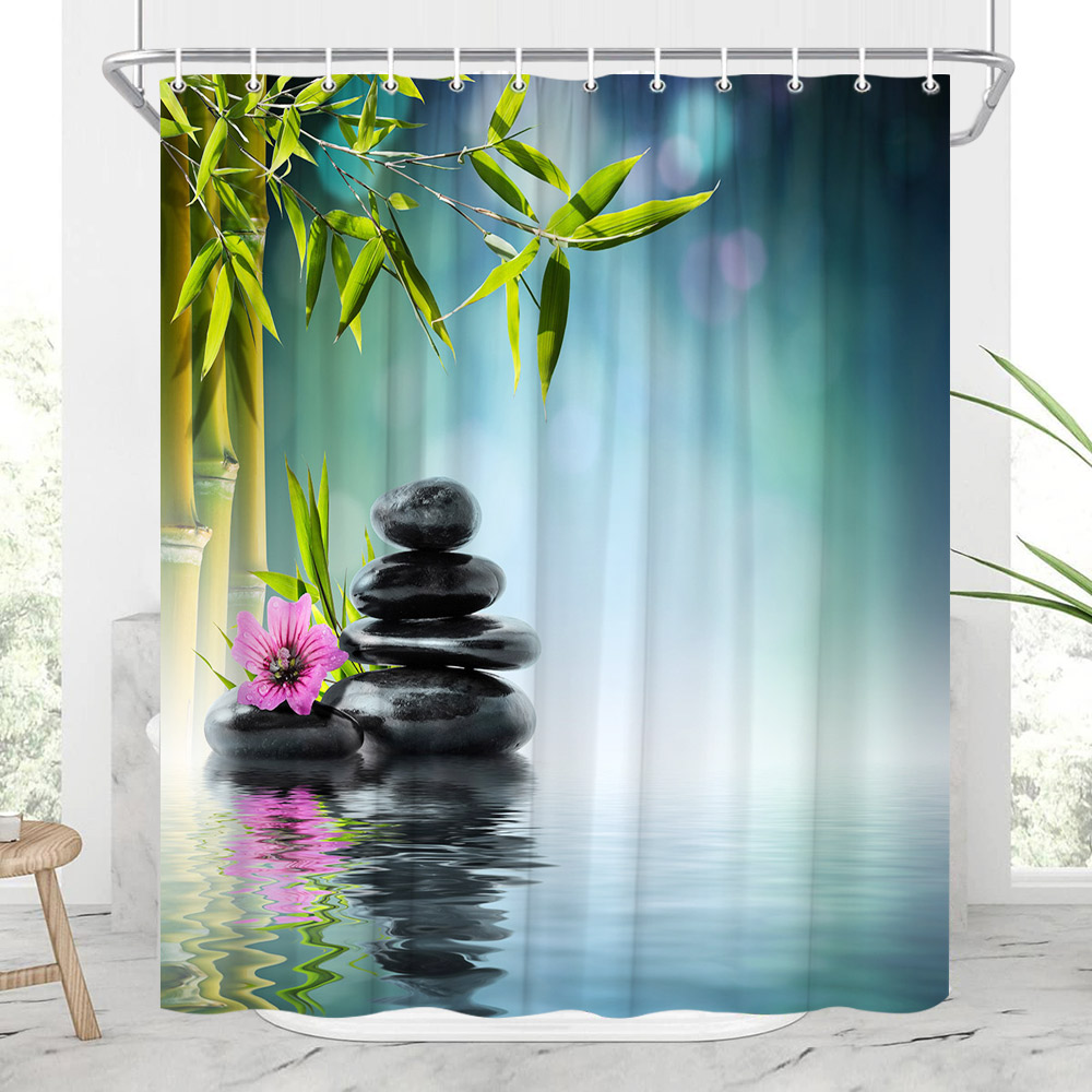 Zen Buddha Landscape Decor Shower Curtains Flowers Plants Lotus Green Bamboo Zens Stone Scenery Bath Curtains Spa Hanging Cloth