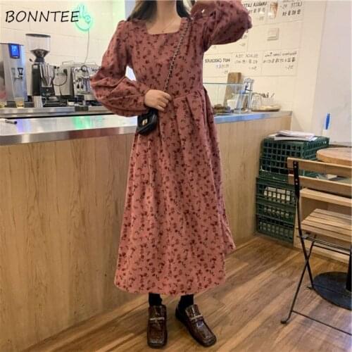 Long Sleeve Dress Women Spring Daily Elegant Vestidos Feminino Print Empire Charm Teenagers Korean Style Vintage Square Collar