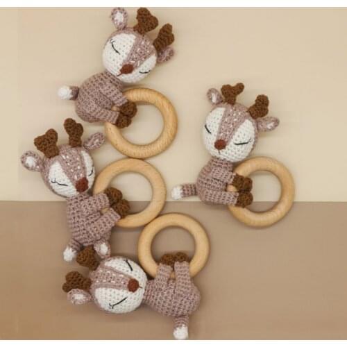 1pc BPA Free DIY Crochet Elk Fox Baby Teether Wooden Teether Ring Rattle Newborn Teething Nursing Soother Molar Educational Toys