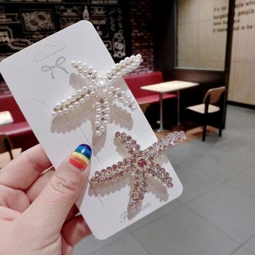 1PC Fashion Full Crystal Pearl Starfish Hairpin Hair Barrettes Accessories Large Rhinestone Hair Clips Headwear For Women Girls