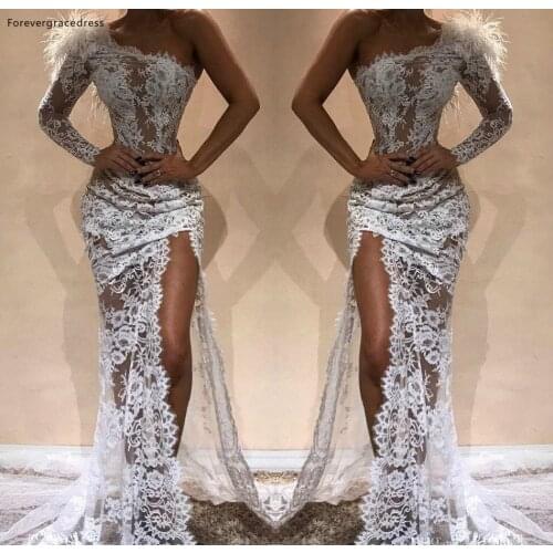 2019 Cheap One Long Sleeve Evening Dress Dubai Front Split See Through Holiday Women Wear Formal Party Prom Gown Custom Made