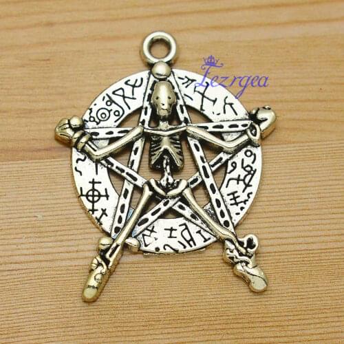 5pcs/lot--35x44mm Antique Silver Plated Skull Star Pentagram Charms Halloween Pendants DIY Supplies Jewelry Making Accessories
