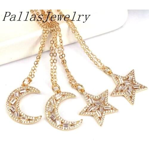 8Pcs, Crescent Moon Pendant Necklace Gold Color Cubic Zirconia CZ Moon Star Jewelry