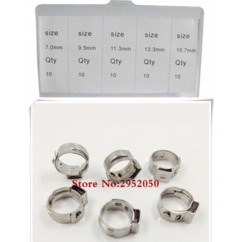 Free shipping Pipe Clamp High Quality 50 PCS Stainless Steel 304 Single Ear Hose Clamps Assortment Kit Single