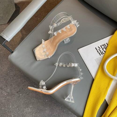Sandals 2021 New Womens All-Match Transparent High Heels Summer Rhinestone Strap Sandals for Women
