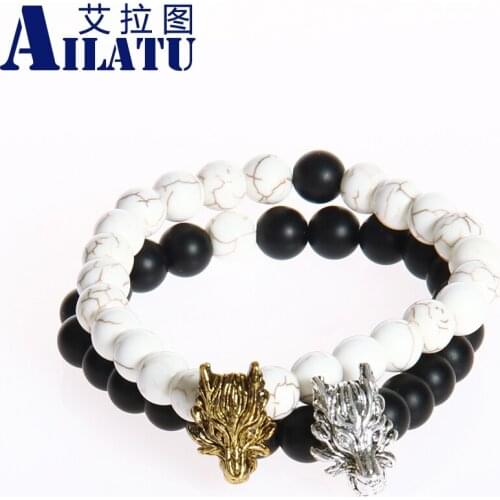 Ailatu Unisex Trendy Jewelry Simulated Howlite Stone Beads Wild Wolf Bracelet