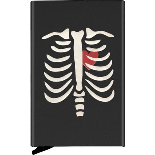 Black Metal Case Rib Skeleton Printing Credit Card Holder Men Slim Anti Protect Travel ID Cardholder Women Rfid Wallet