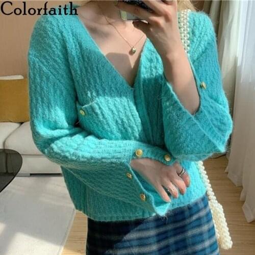 Colorfaith New 2021 Womens Autumn Winter Sweaters Fashionable Elegant Cardigans Pockets Vintage Knitwears Short Tops SWC1365JX