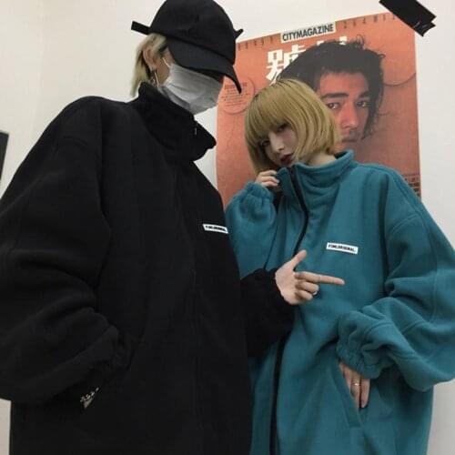Korean Women Sweatshirts Loose Simple Y2K Vintage Stand Collar Letter Thicker Zip-up Couple BF Streetwear Chic Black Clothes