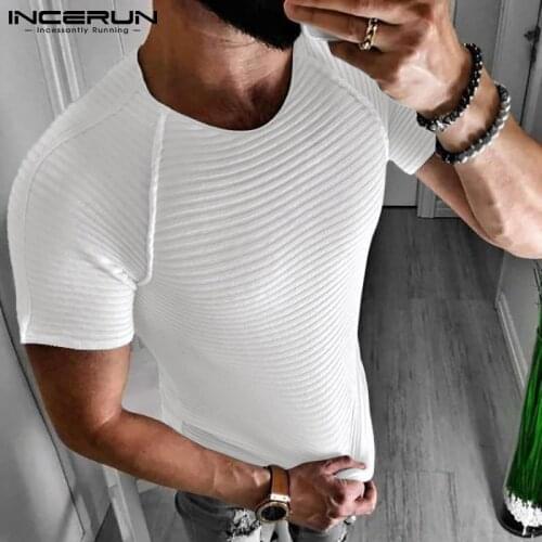 Summer Men Casual T Shirt Solid Color Knitted Fitness Round Neck Short Sleeve Tee Tops 2021 Workout Streetwear Camisetas INCERUN