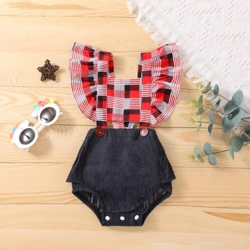 FOCUSNORM 0-18M Infant Baby Girls Boys Lovely Rompers Plaid Printed Denim Patchwork Ruffles Short Sleeve Backless Jumpsuits