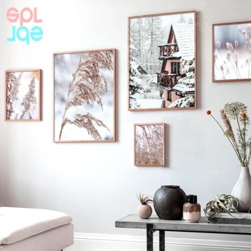 Wall Art Posters And Prints Winter Snow House Plants Reed Landscape Canvas Painting HD Printed Pictures For Modern Home Decor