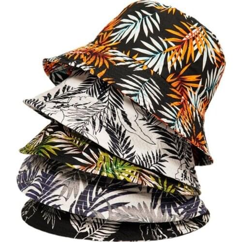 Bucket-hats Women Men Leaf Print Travel Sunscreen Fisherman Cat Cotton Casual Reversible Panama Hat 2021 Spring Summer New