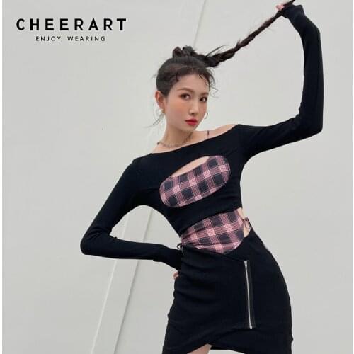 CHEERART Off Shoulder Cut Out Dress Women Black Patchwork Bodycon Long Sleeve Mini Ladies Short Mini Dress Designer Clothes